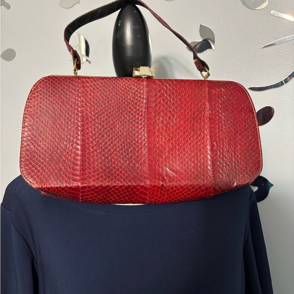 Vintage Red Snakeskin Leather Clutch / Handbag — Mid-Century Exotic - Picture 2 of 5